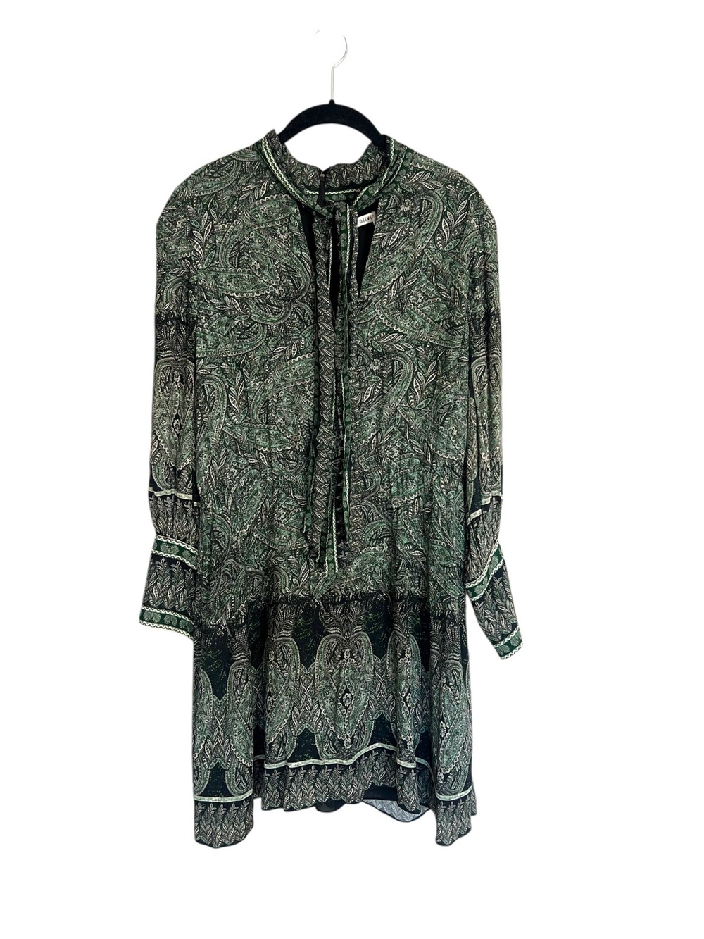 Alice & Olivia Tanisha long sleeve tie neck mini dress green paisley sz 14 - Picture 2 of 16